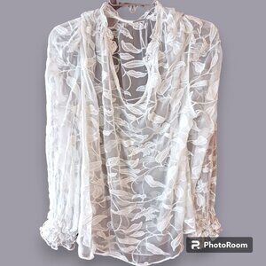 White Leaf Lace Silk Ruffled Blouse w/ Camisole Womens Large Summer Elie Tahari